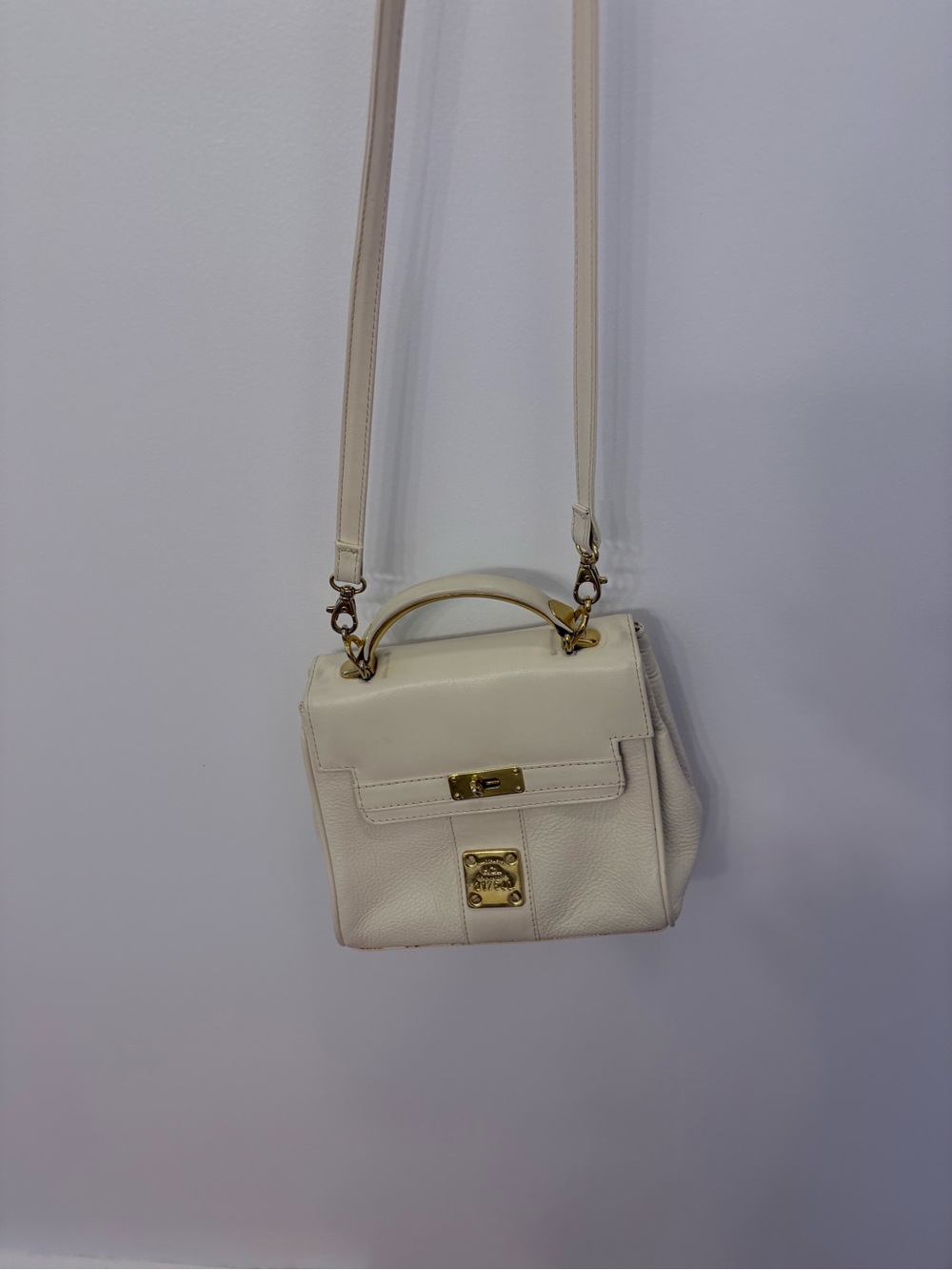 Vintage HCL Germany Ivory Leather Top Handle Crossbody Bag Gold Hardware